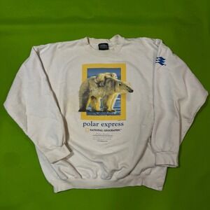 Large Vintage 2000 National Geographic Polar Express Bear Sweatshirt White Mens